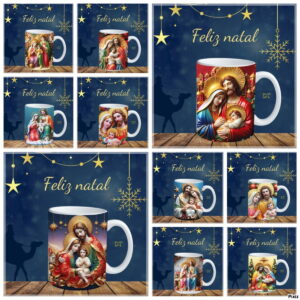 Arte digital de Natal com temas religiosos da Sagrada Família, apresentada em nove designs.