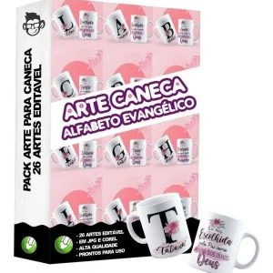 Caixa com amostras de canecas decoradas com letras do alfabeto e frases religiosas.