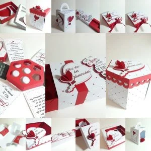 Caixas de presente decoradas em branco e vermelho com corações para o dia dos namorados.