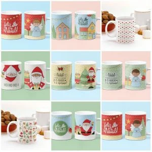 Coleção de canecas brancas decoradas com variados temas natalinos e coloridos.