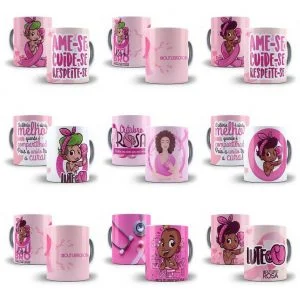 Coleção de canecas com ilustrações temáticas e mensagens sobre campanha de saúde feminina rosa.