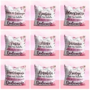 Estampas Sublimação Caneca Alfabeto Floral Editável Em Corel 23 Nove almofadas brancas com estampas florais e textos variados sobre profissões femininas.