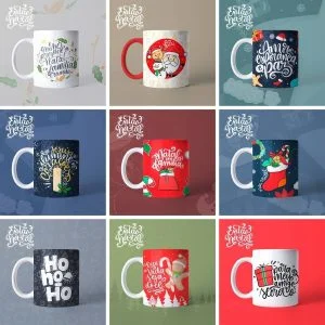 Nove canecas brancas e coloridas com estampas temáticas de Natal em um painel.