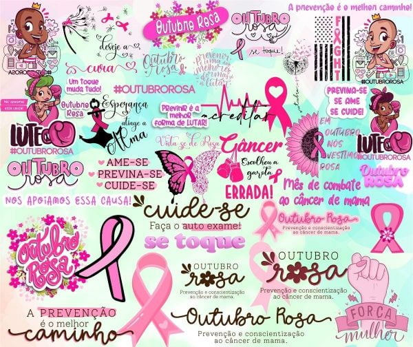 Kit Arquivo Lettering Frases Outubro Rosa Mulheres Png