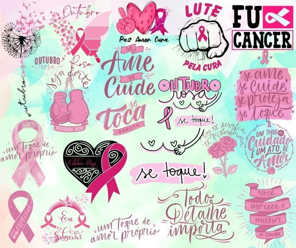 Kit Arquivo Lettering Frases Outubro Rosa Mulheres Png