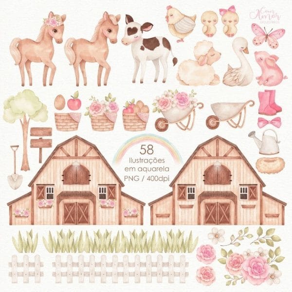 Kit Digital Aquarela Fazenda Animais Menininha Fofa Cute Png