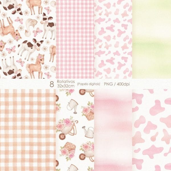 Kit Digital Aquarela Fazenda Animais Menininha Fofa Cute Png