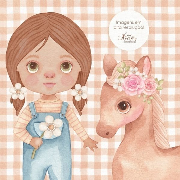 Kit Digital Aquarela Fazenda Animais Menininha Fofa Cute Png