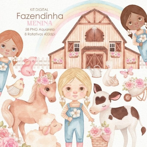 Kit Digital Aquarela Fazenda Animais Menininha Fofa Cute Png