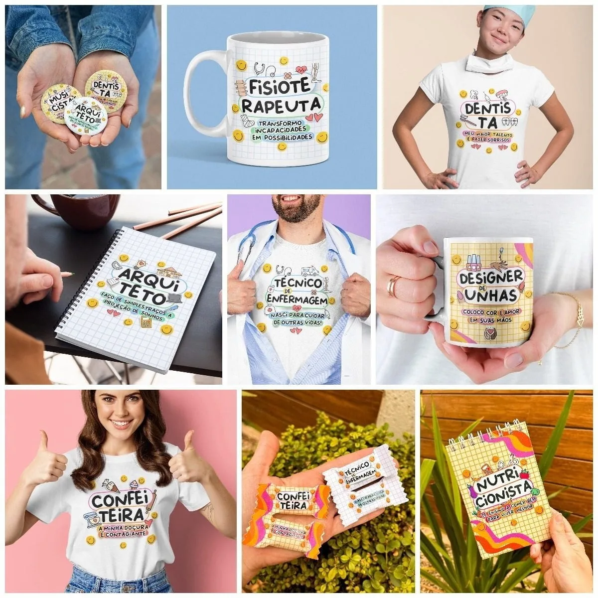 Coleção de estampas personalizadas para diversas profissões aplicadas em canecas, camisetas e cadernos.