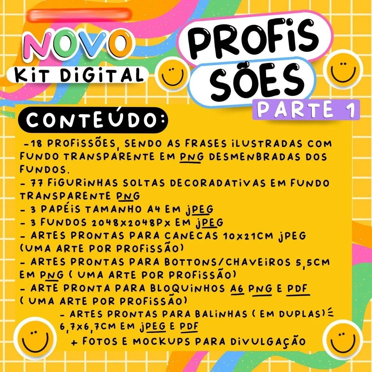 Anuncio de kit digital com texto informativo sobre conteudo e fundo quadriculado amarelo.