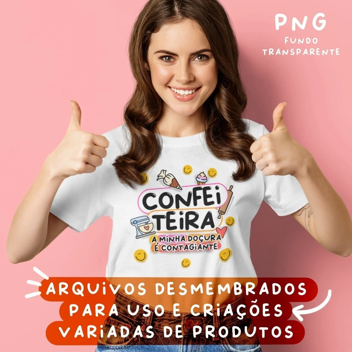 Mulher sorrindo faz sinal positivo vestindo camiseta branca com estampa temática de confeitaria colorida.