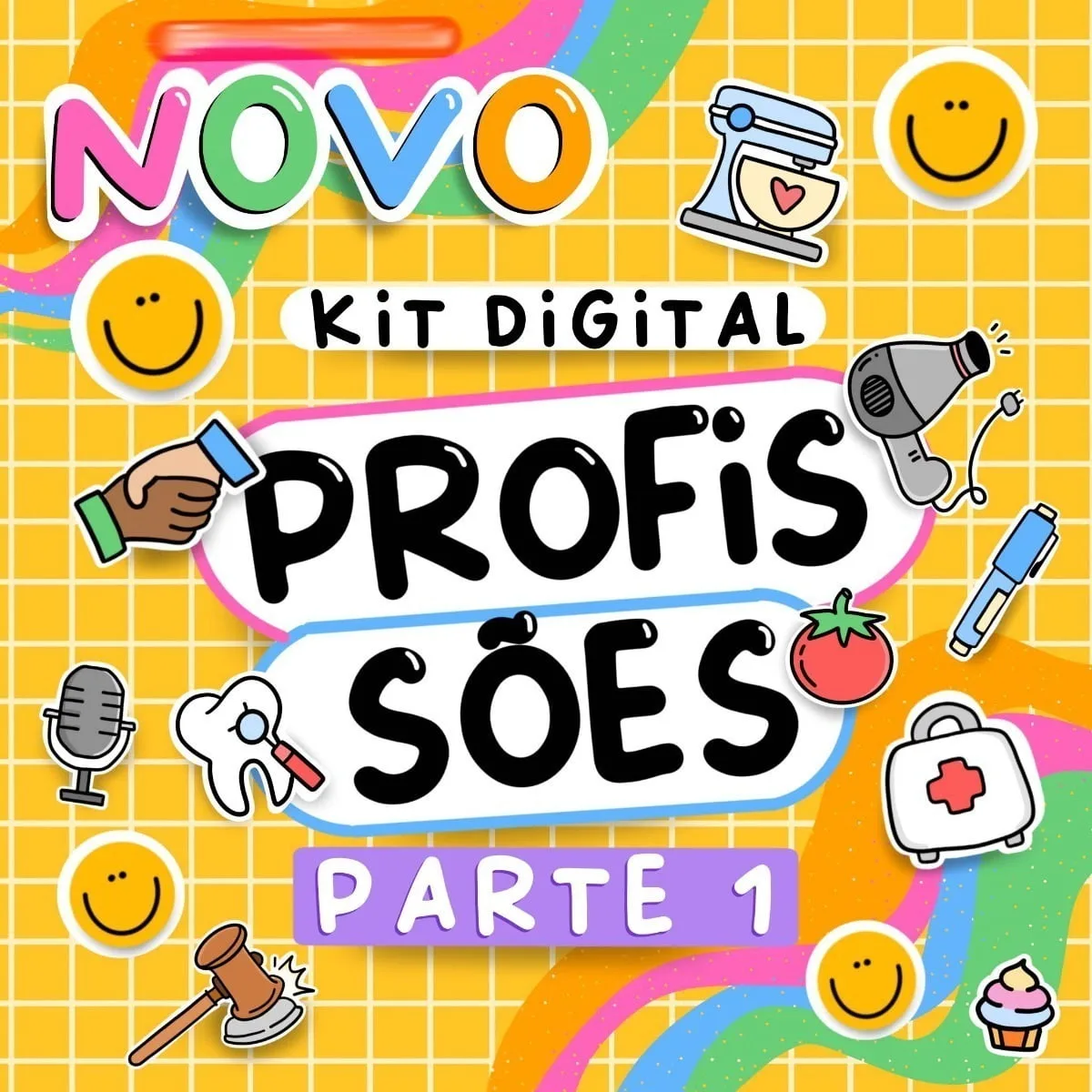 Arte digital com fundo quadriculado amarelo e ilustrações de diversas profissões e elementos.