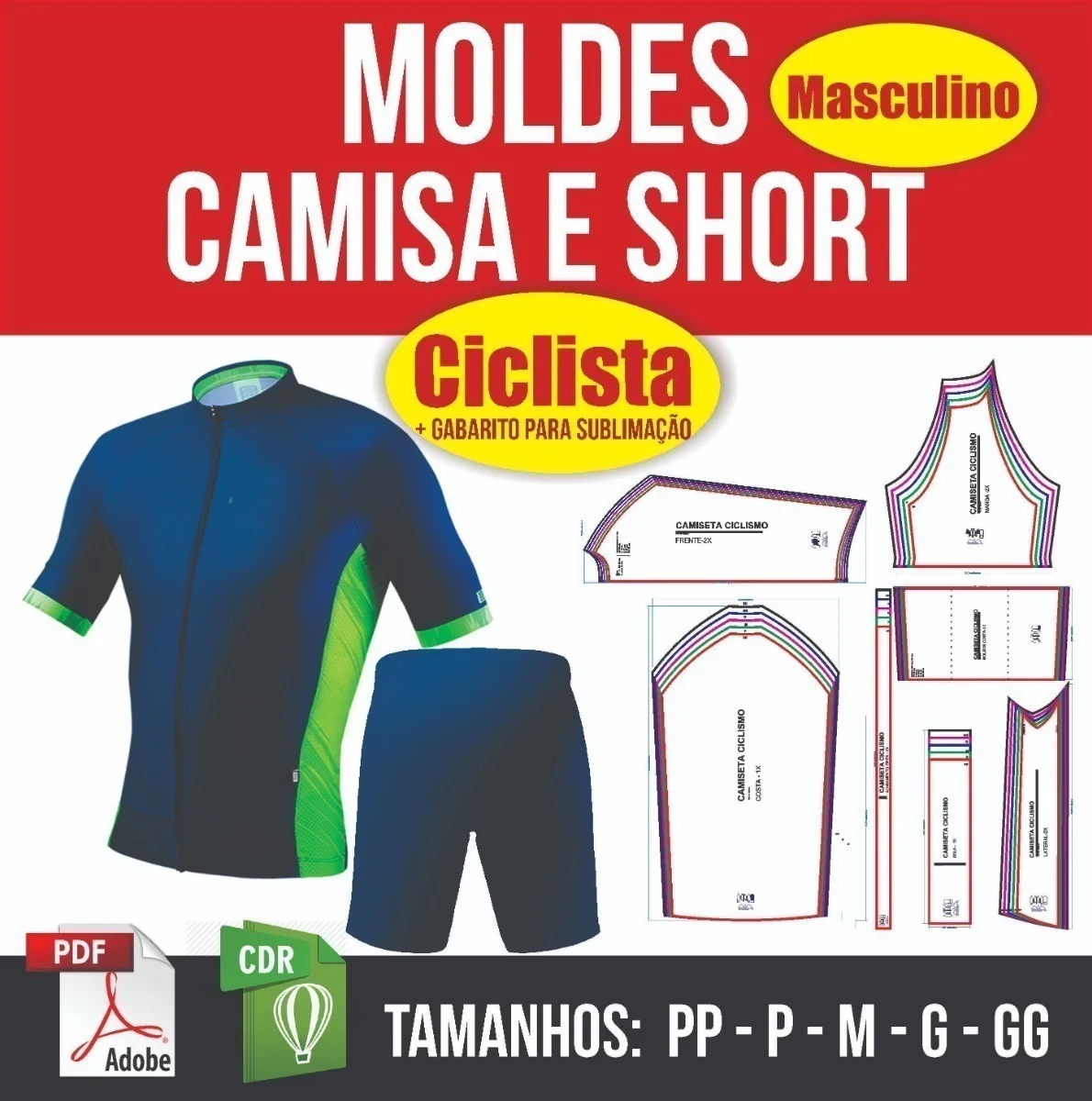 Moldes digitais para camisa e short de ciclista com gabaritos técnicos de costura.