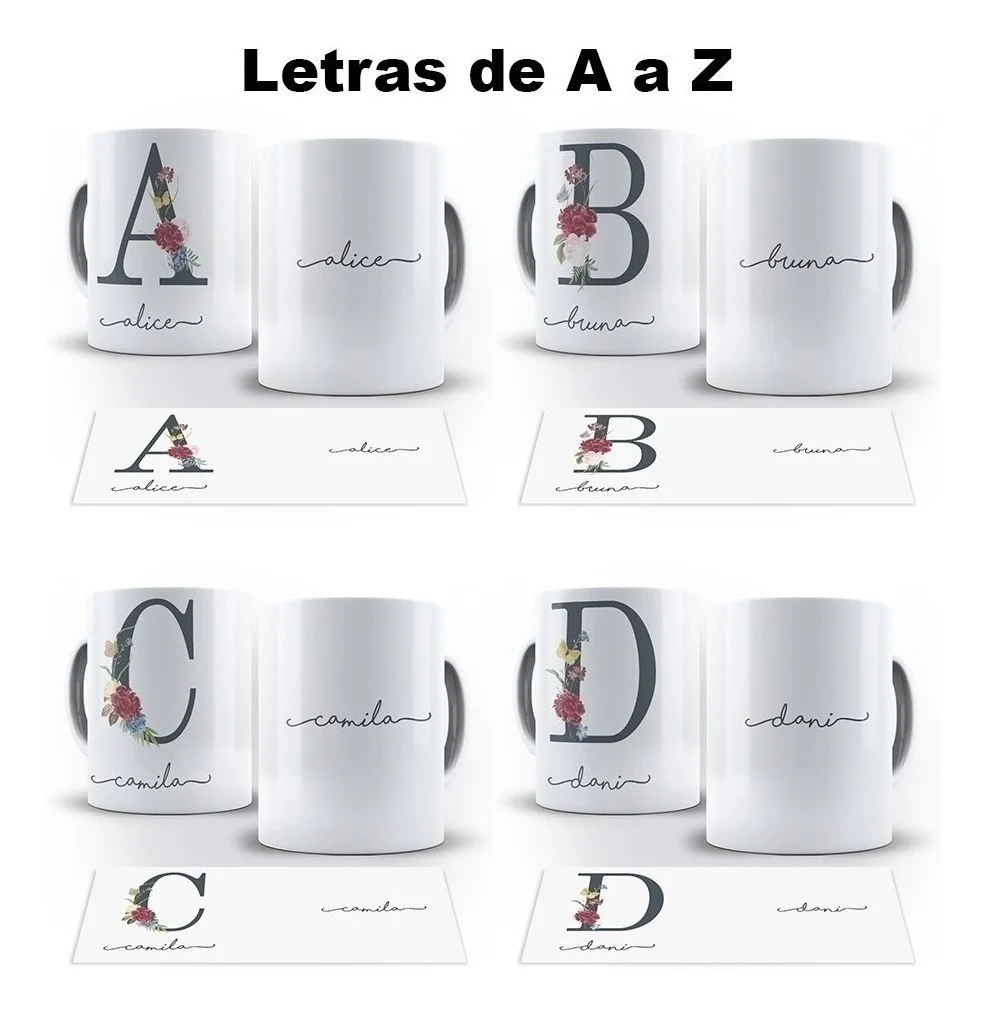 Quatro canecas brancas exibindo letras do alfabeto decoradas com arranjos de flores delicadas.