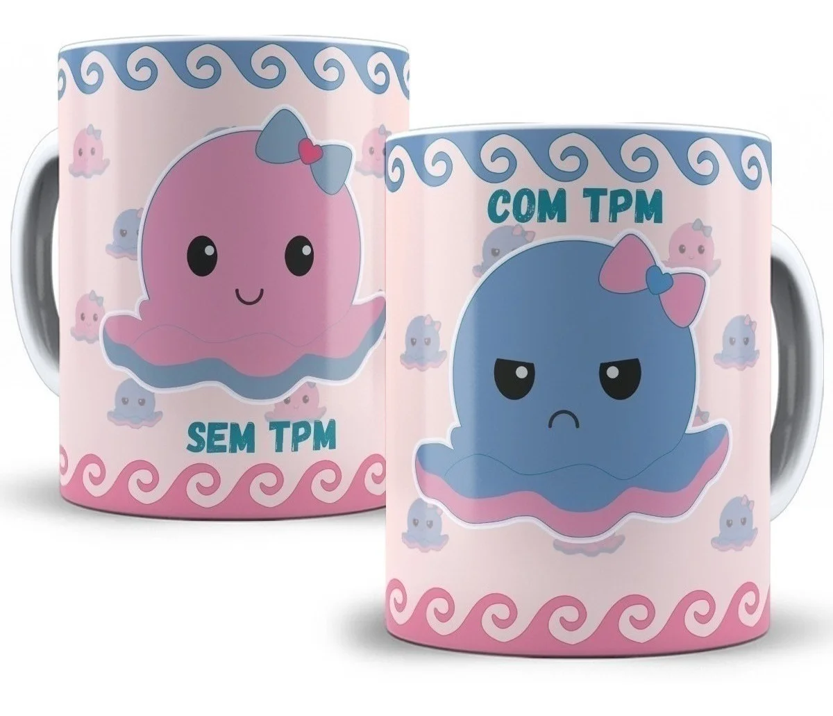 Duas canecas estampadas com polvos coloridos representando humores com textos em português.