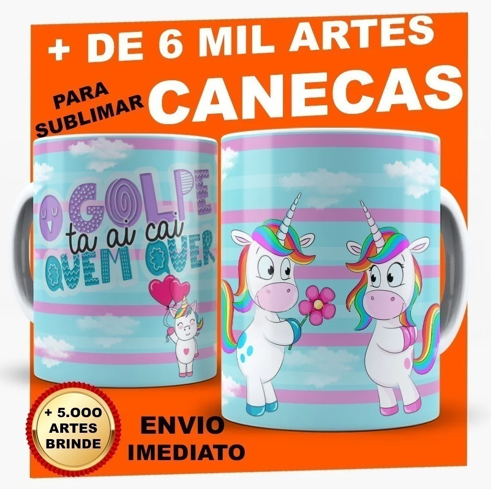 Duas canecas estampadas com desenhos de unicórnios e texto em fundo alaranjado.