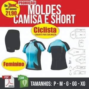 Anúncio digital mostrando moldes de camisas e shorts de ciclismo feminino para costura.