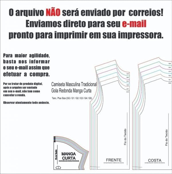 Molde Camiseta Tradicional Masculina, Plus Size