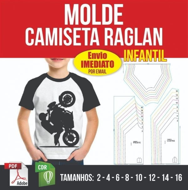 Molde Digital Camiseta Raglan Infantil Manga Curta 2 Ao 16