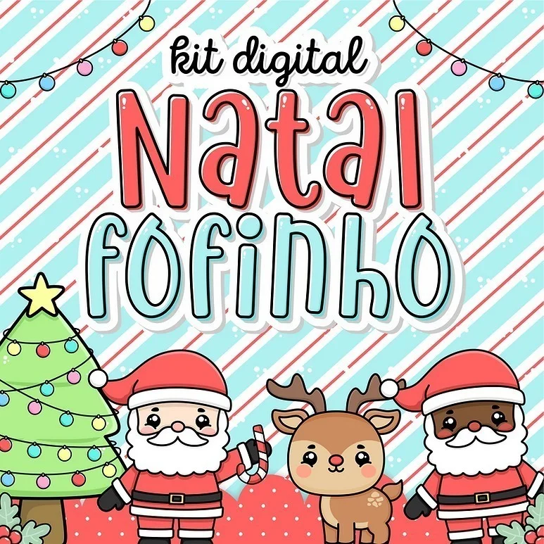 Ilustração de Natal com Papai Noel, árvore e renas em fundo listrado.