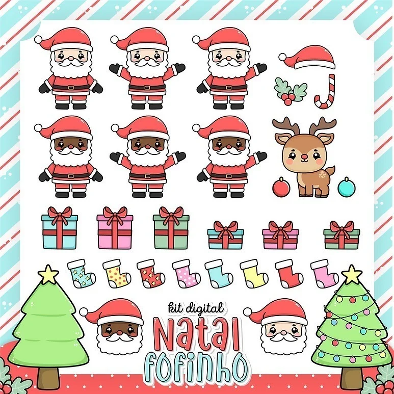 Ilustrações digitais de Papai Noel, renas, árvores e presentes natalinos em estilo fofo.