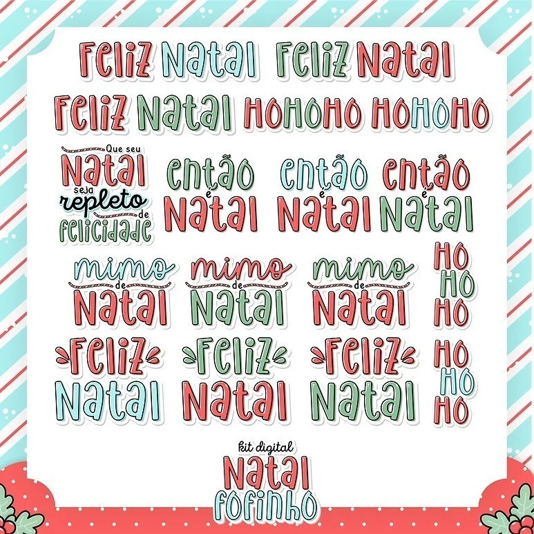 Arte digital com várias frases de Natal coloridas e decoradas em fundo branco.