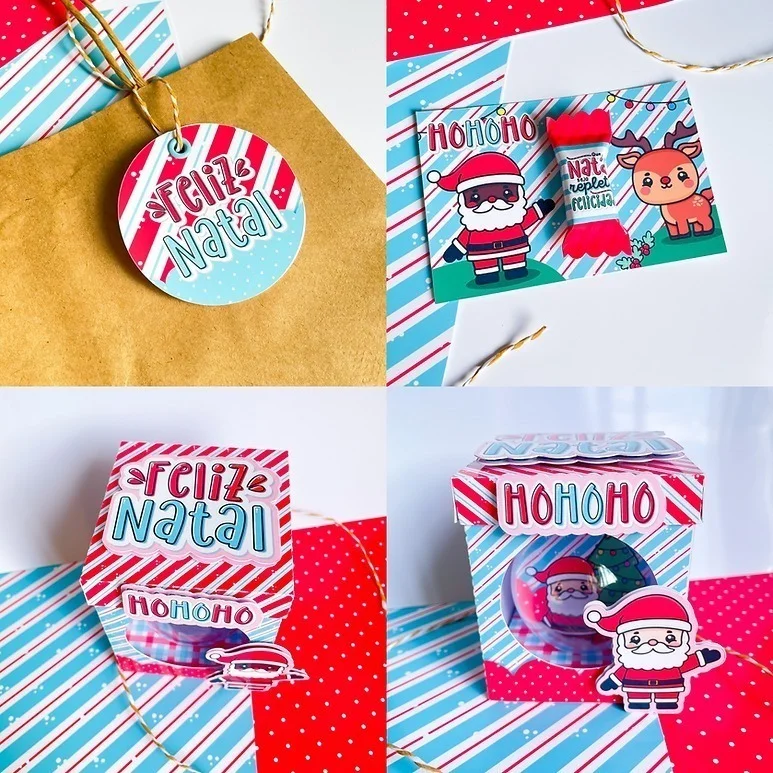 Quatro imagens mostrando itens temáticos de Natal com Papai Noel e renas.