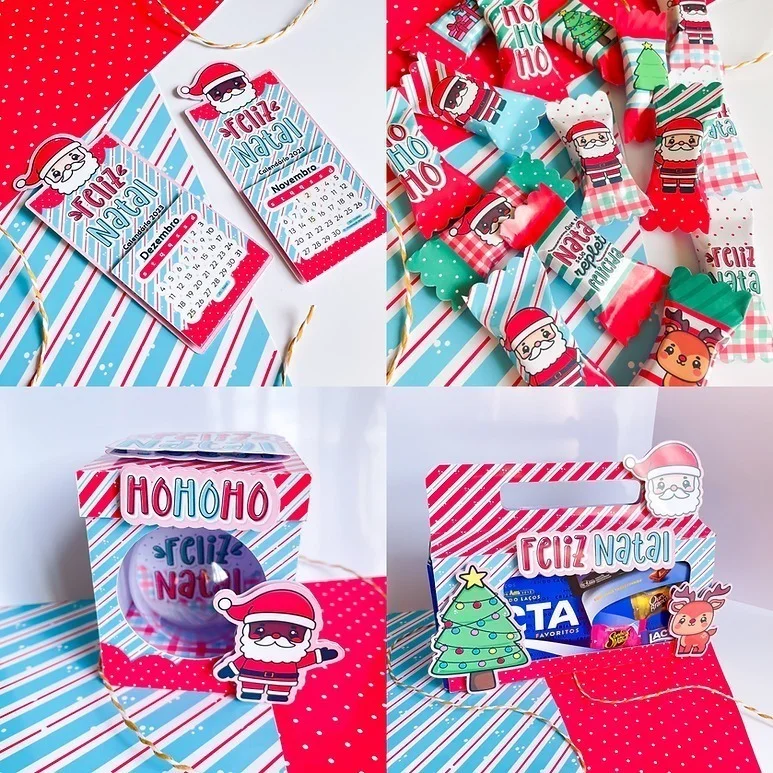 Quatro imagens mostrando itens temáticos de Natal feitos de papel em fundo listrado