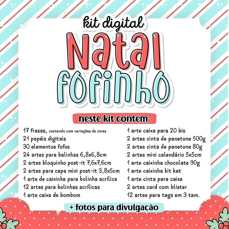 Imagem com fundo listrado em vermelho e branco exibindo lista de itens digitais natalinos.