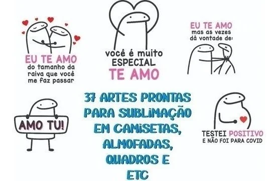 Ilustrações de personagens engraçados com frases românticas e divertidas espalhadas.