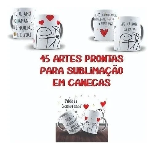 Conjunto de canecas brancas estampadas com ilustrações de personagens e corações