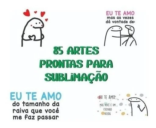Ilustrações de personagens de traço simples com frases de humor sobre relacionamentos.