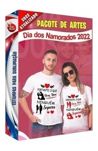 Caixa digital promocional vermelha com casal vestindo camisetas estampadas para o dia dos namorados.