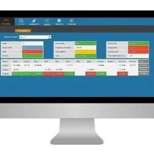 Monitor exibindo um painel de controle de software com tabelas financeiras detalhadas.