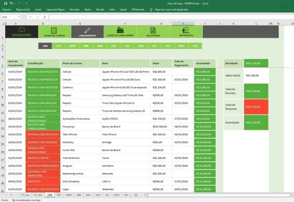 Planilha Fluxo Caixa Plano Contas Lançamentos Relatórios
