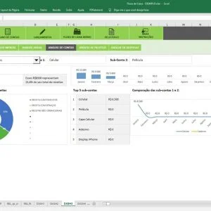 Planilha de controle financeiro exibindo gráficos de receitas mensais e divisão de contas.