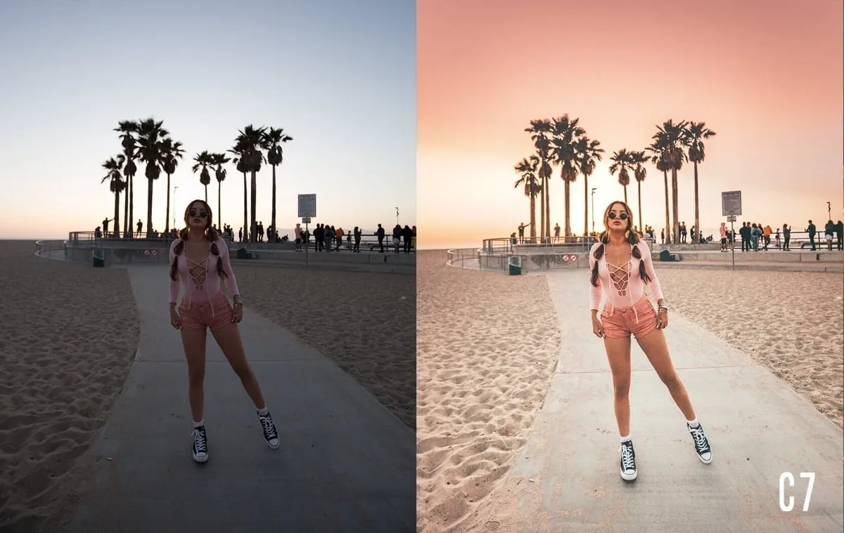 Comparação de edição de foto com mulher em praia ao pôr do sol.