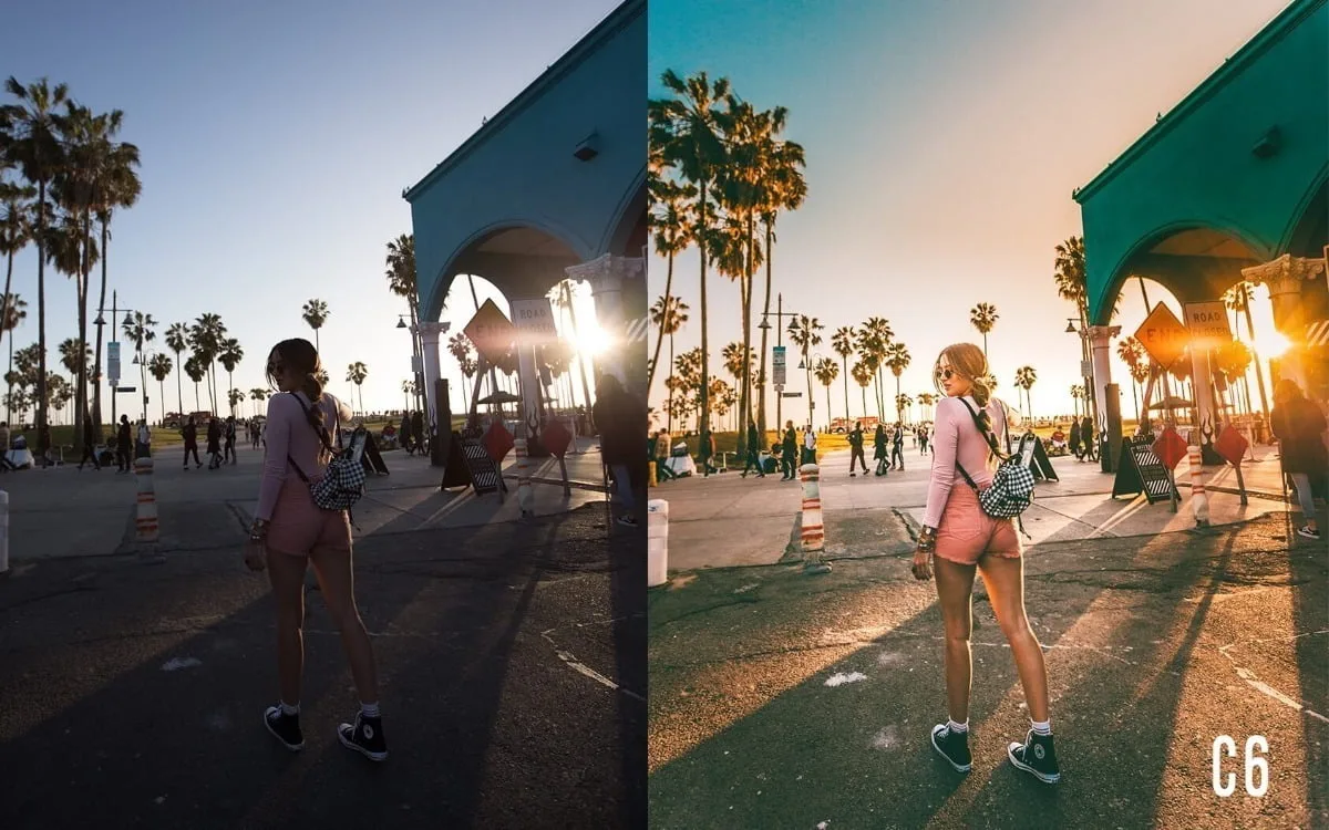 Comparação de edição fotográfica exibindo uma mulher em uma rua com palmeiras