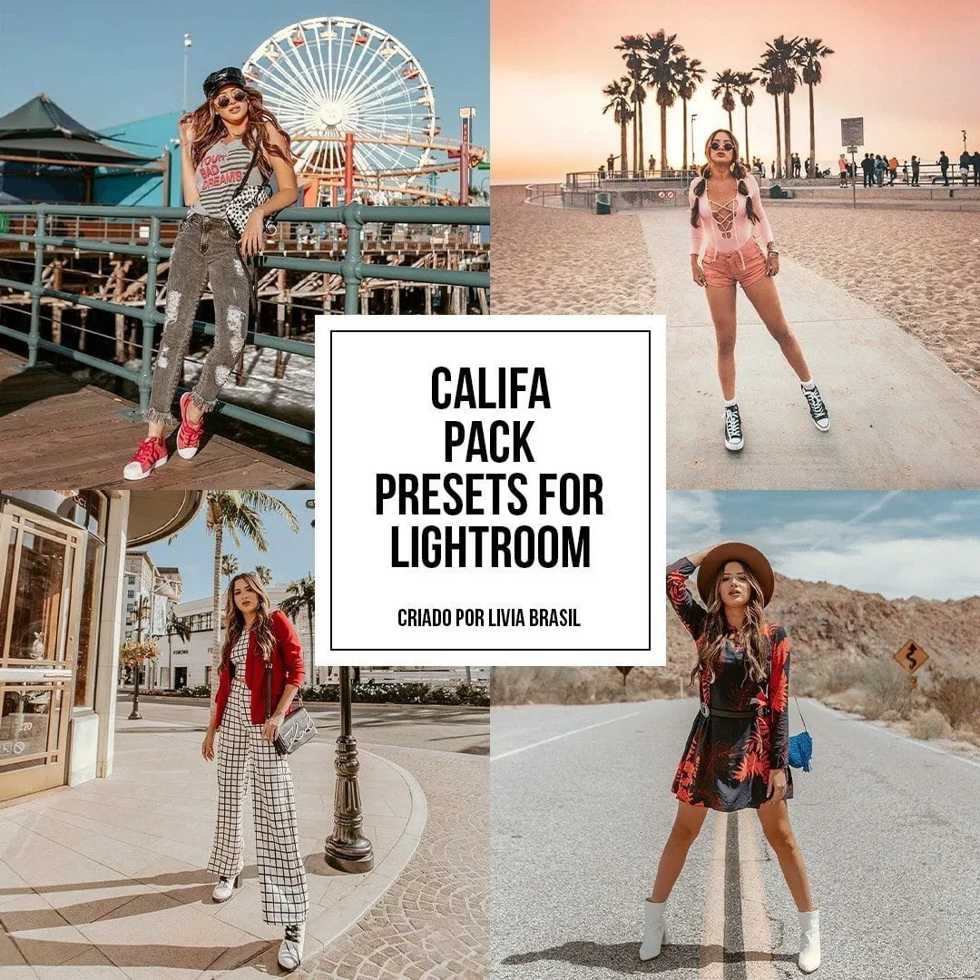 Quatro fotos de uma mulher posando em diferentes cenários externos durante o dia.