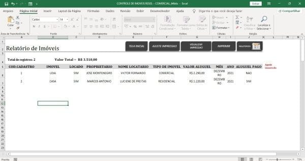 Sistema Controle Imóveis Aluguel Residencial Comercial Excel