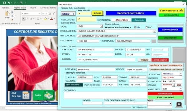 Sistema Controle Imóveis Aluguel Residencial Comercial Excel
