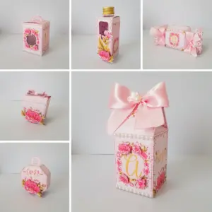 Seis designs de caixas de papel rosa com arte floral, laços e pérolas. Arte digital.