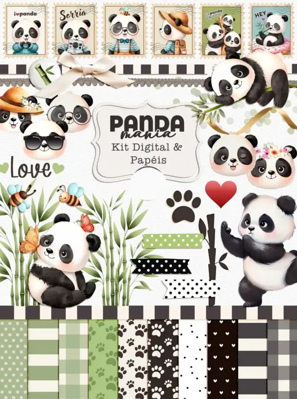 Kit Digital Pandas PNG para Craft Scrapbook e Cartonagem