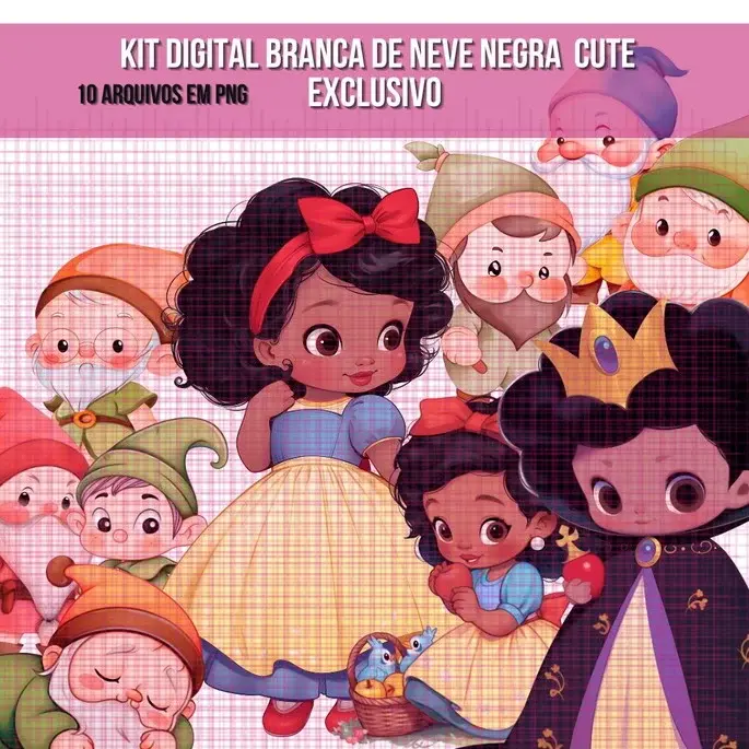 Arte Digital Branca de Neve e Bela Afro para Personalizados 1 Arte Digital Branca de Neve e Bela Afro para Personalizados