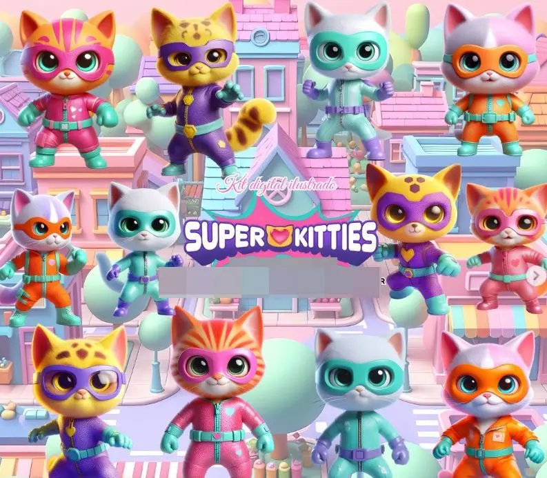 Kit Digital Gatos Super Kitties para Cartonagem e Encapamentos 1 Kit Digital Gatos Super Kitties para Cartonagem e Encapamentos