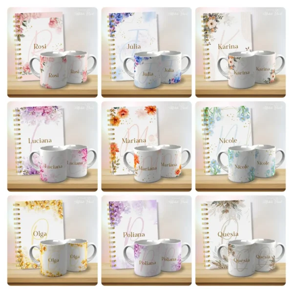 53 Artes Editáveis para Caneca - Tema Alfabeto Floral