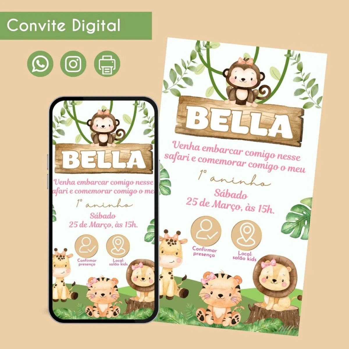 Convite digital safari menina personalizado para festa 1 Convite digital safari menina personalizado para festa