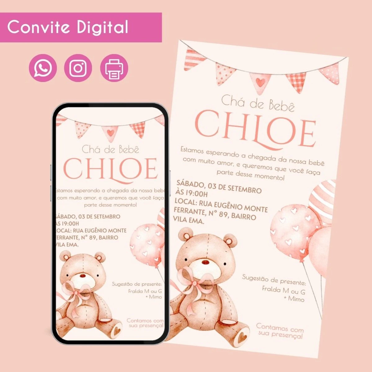Convite Digital de Chá de Bebê Ursinho Rosa para WhatsApp 1 Convite Digital de Chá de Bebê Ursinho Rosa para WhatsApp