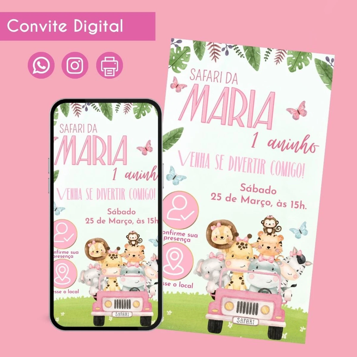 Convite Digital Safari Feminino para Menina de 3 Anos 1 Convite Digital Safari Feminino para Menina de 3 Anos